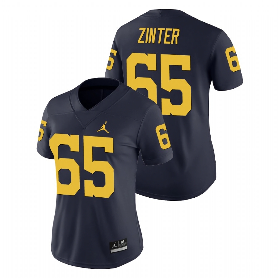 Michigan Wolverines Women's NCAA Zak Zinter #65 Navy Game College Football Jersey IUR5249SP